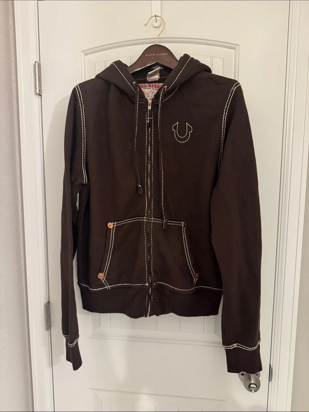 True Religion Chocolate Brown Zip Hoodie with Contrast Stitching